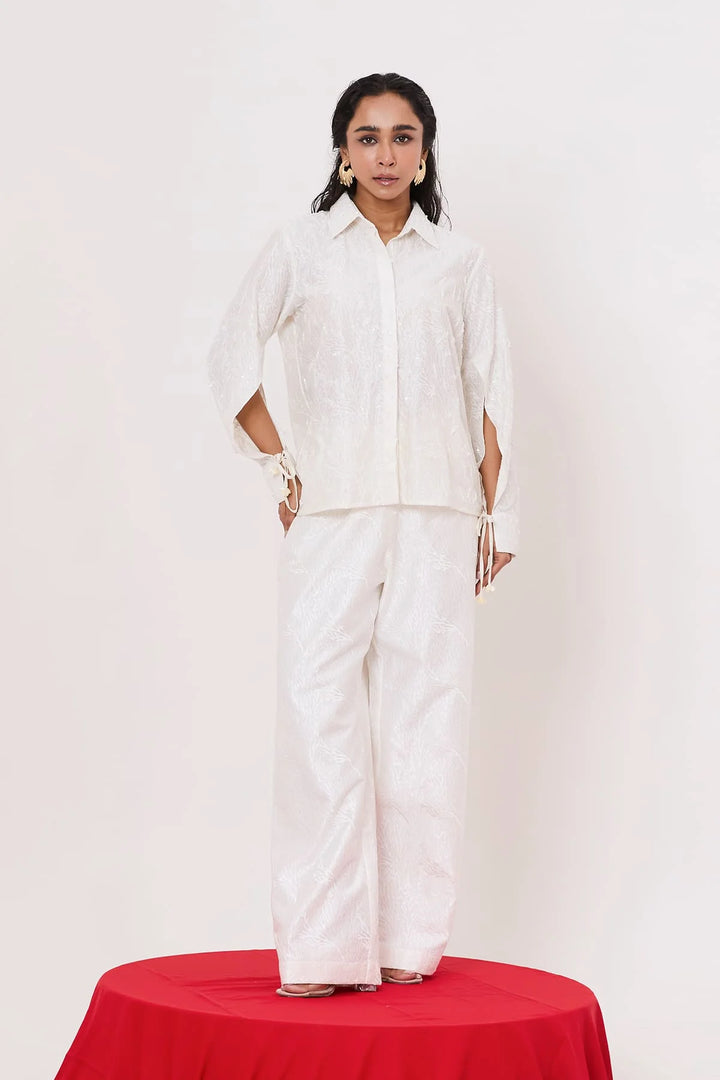 White co-ord set with sleeve tie-ups