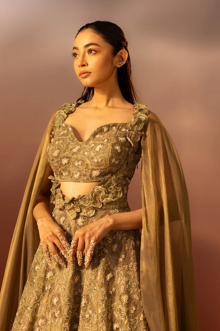 Moss Green 3D Embroidered Gown