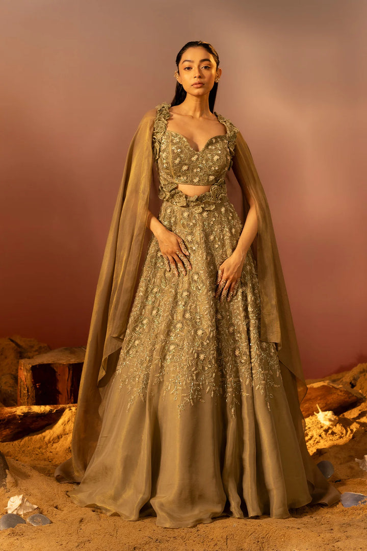 Moss Green 3D Embroidered Gown