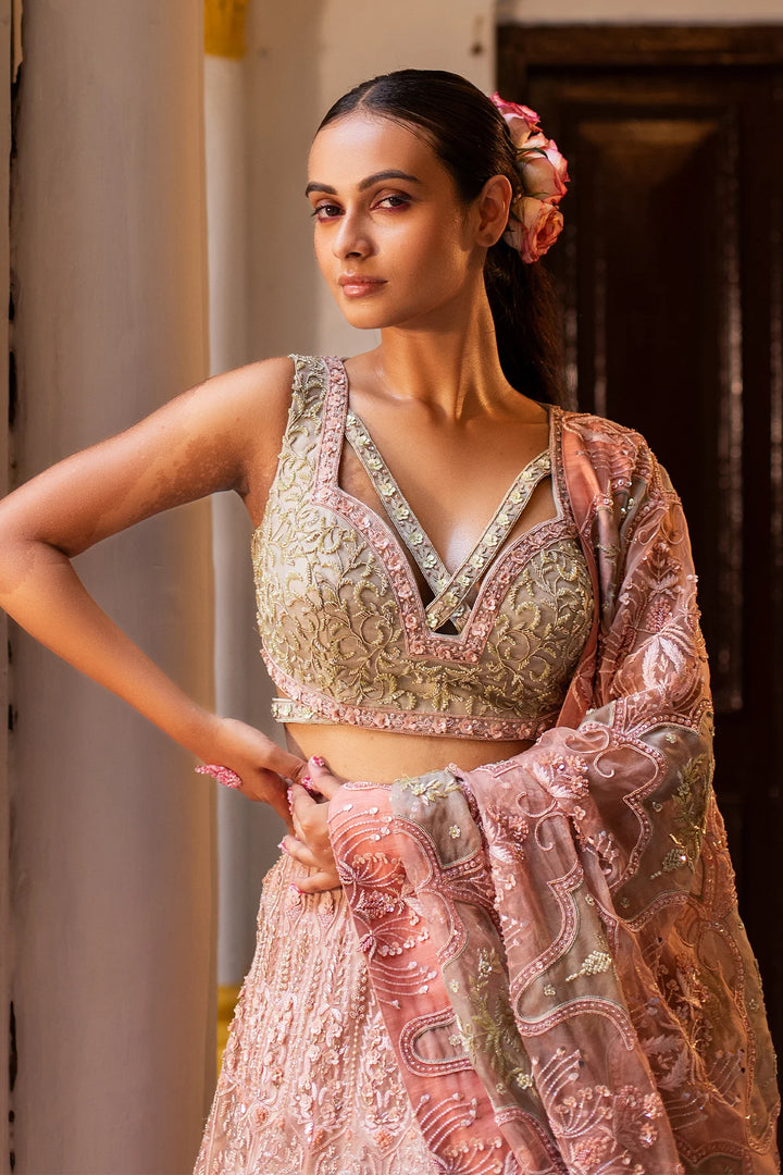 Salmon Pink & Lime Jelly Green Organza Lehenga