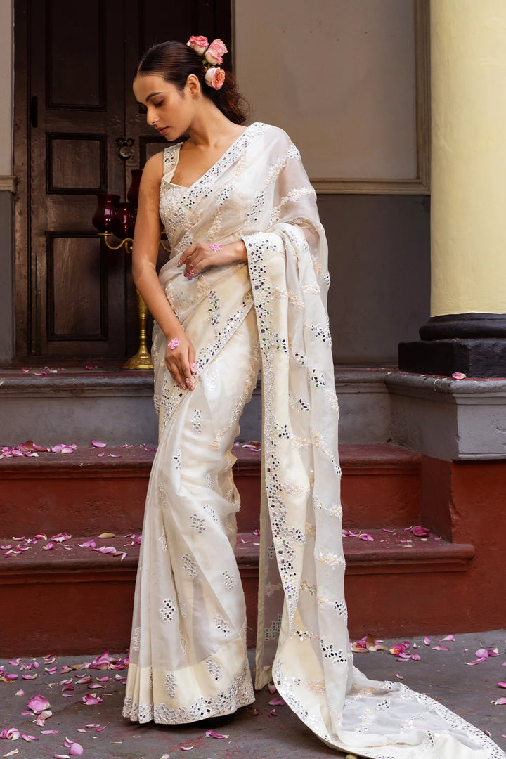 Off-White Silk Organza Saree - "Darpan"