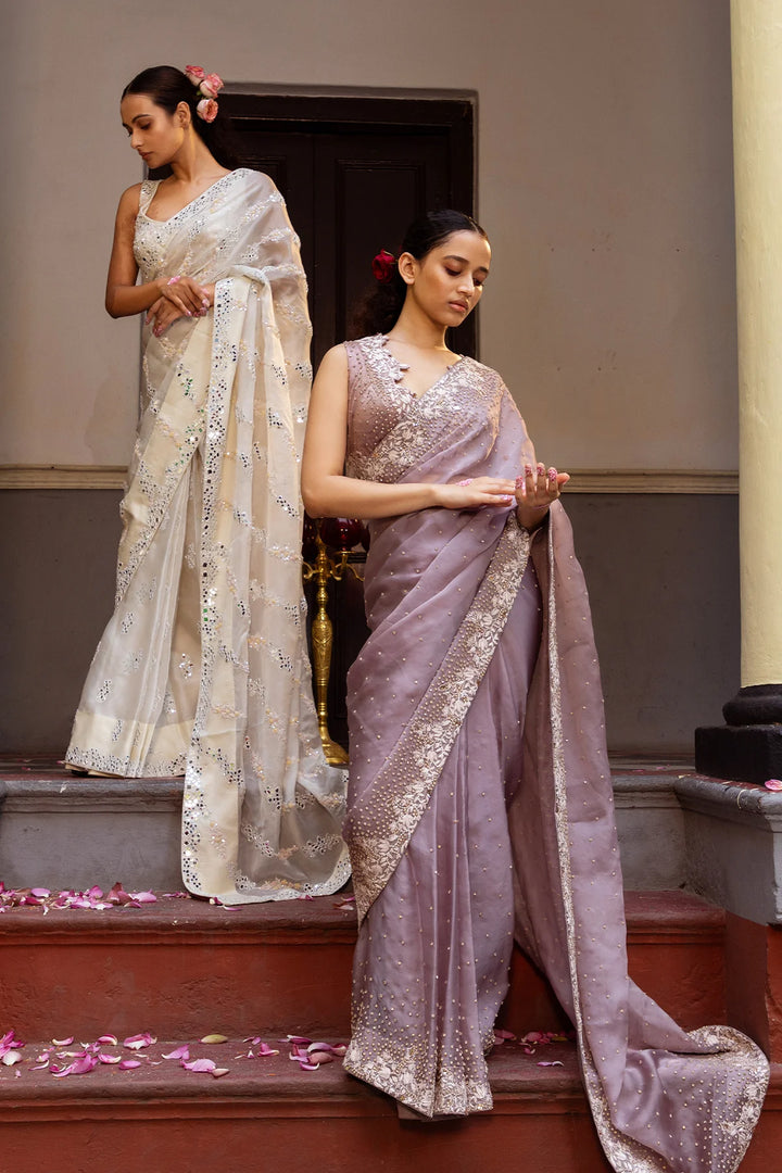 Off-White Silk Organza Saree - "Darpan"
