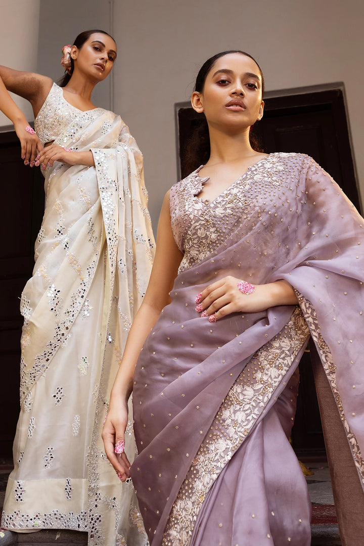 Off-White Silk Organza Saree - "Darpan"