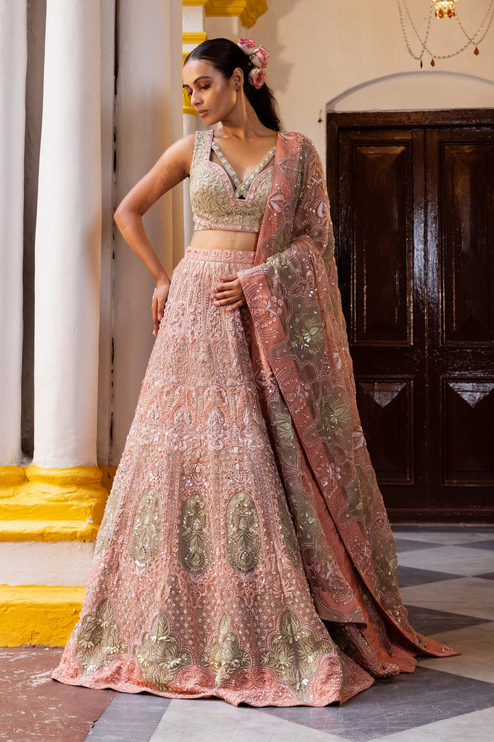 Salmon Pink & Lime Jelly Green Organza Lehenga