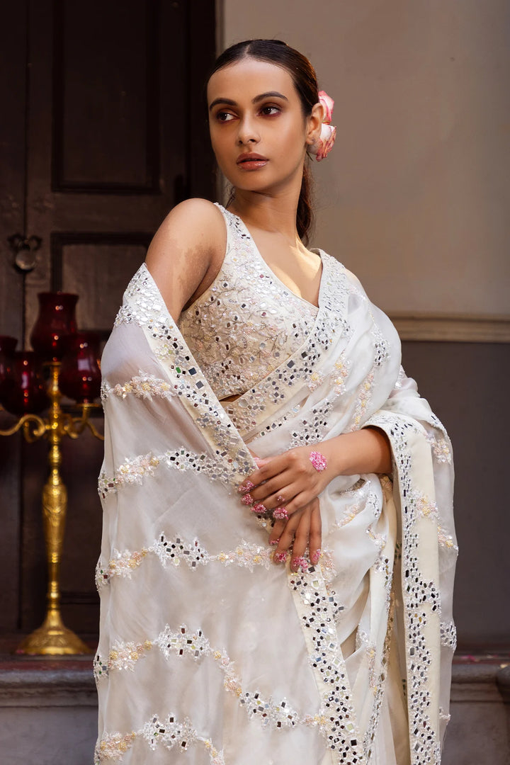 Off-White Silk Organza Saree - "Darpan"