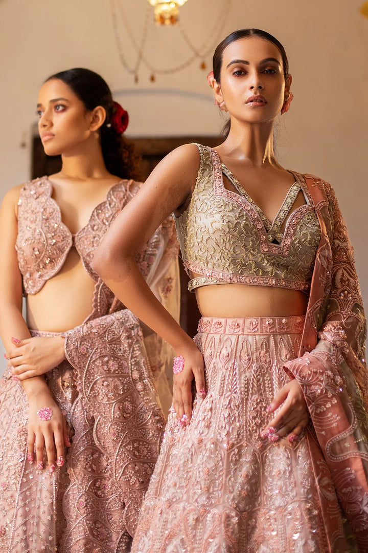 Salmon Pink & Lime Jelly Green Organza Lehenga
