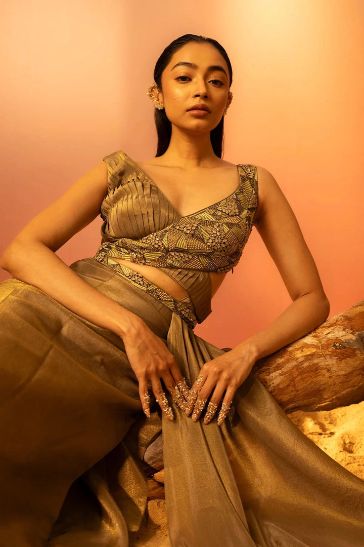 Bronze Moss Green Draped Dress Ruceru