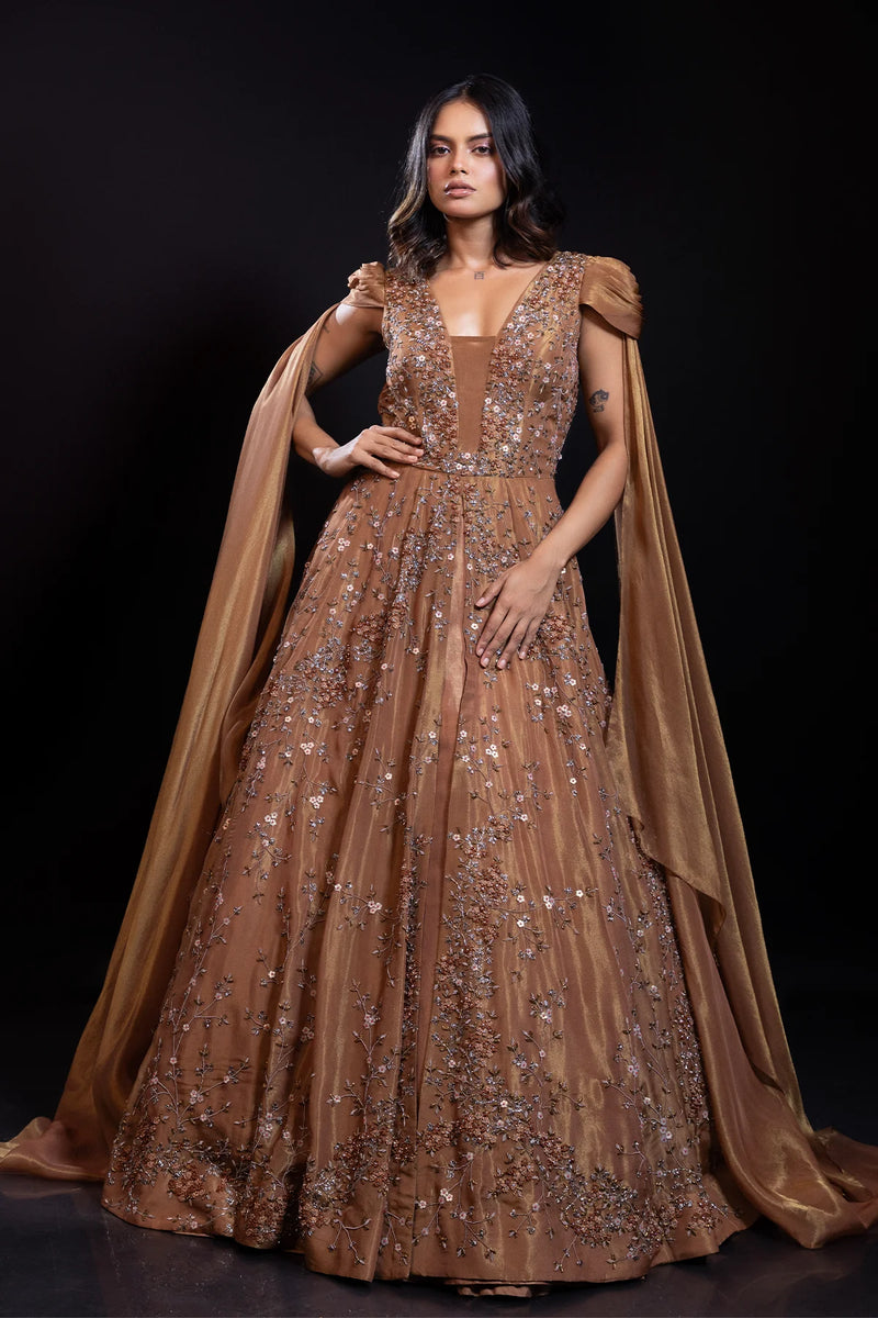 Russet Brown Embroidered Gown – Ruceru