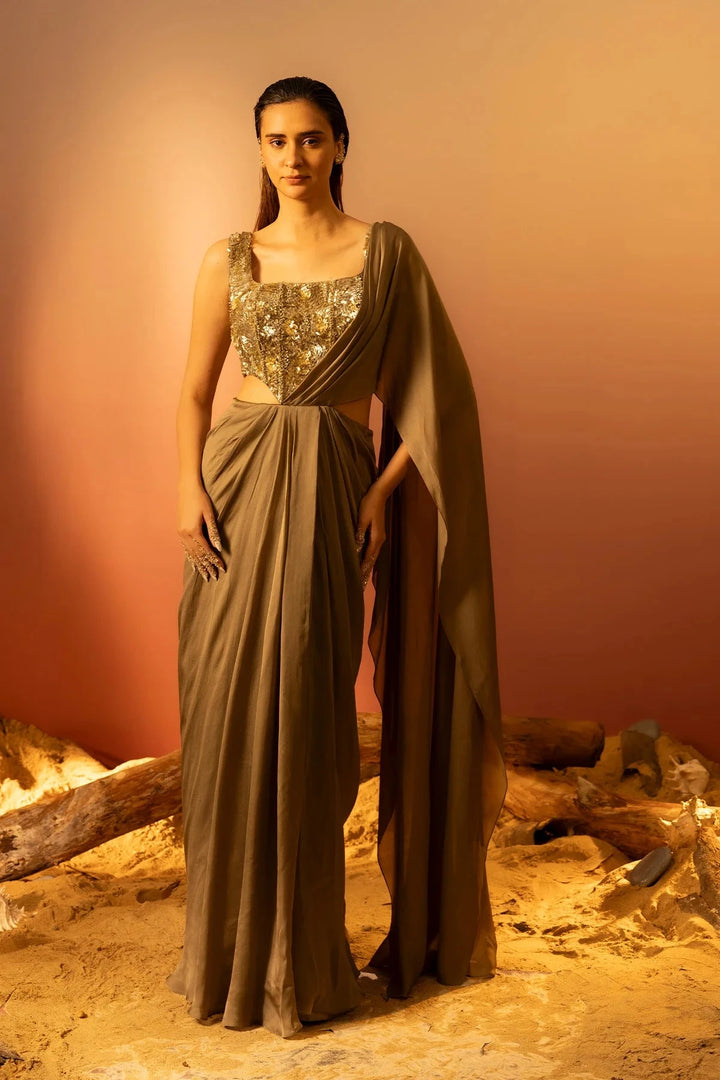 Moss Green Draped Saree Ruceru
