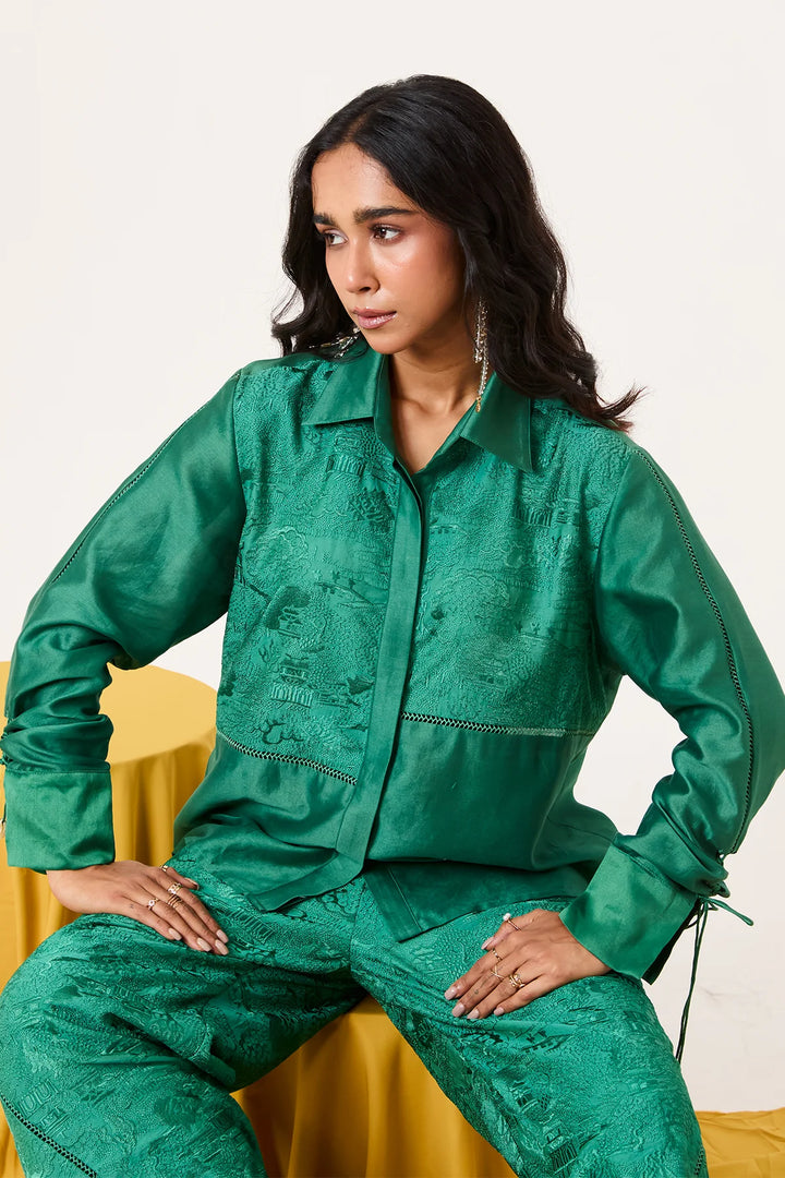 Emerald lace detailing shirt set