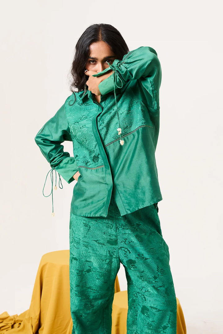 Emerald lace detailing shirt set