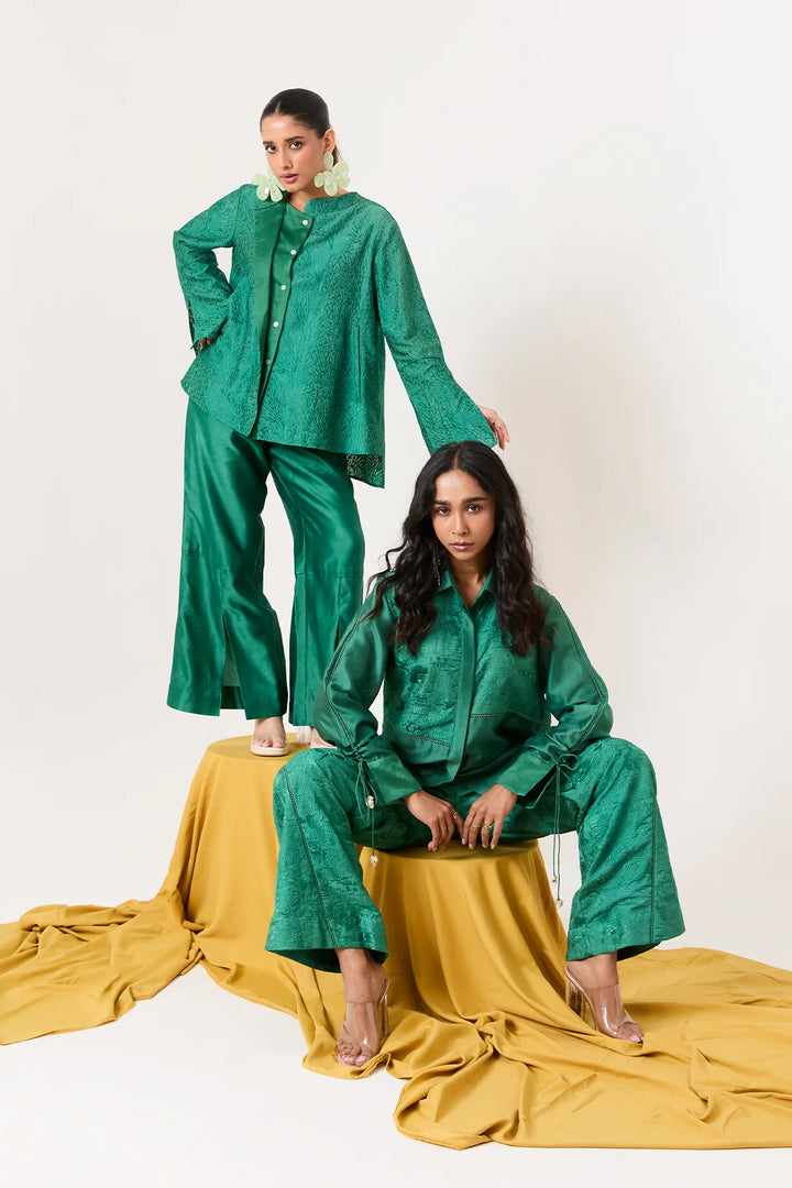 Emerald lace detailing shirt set