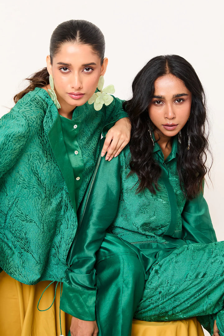 Emerald lace detailing shirt set