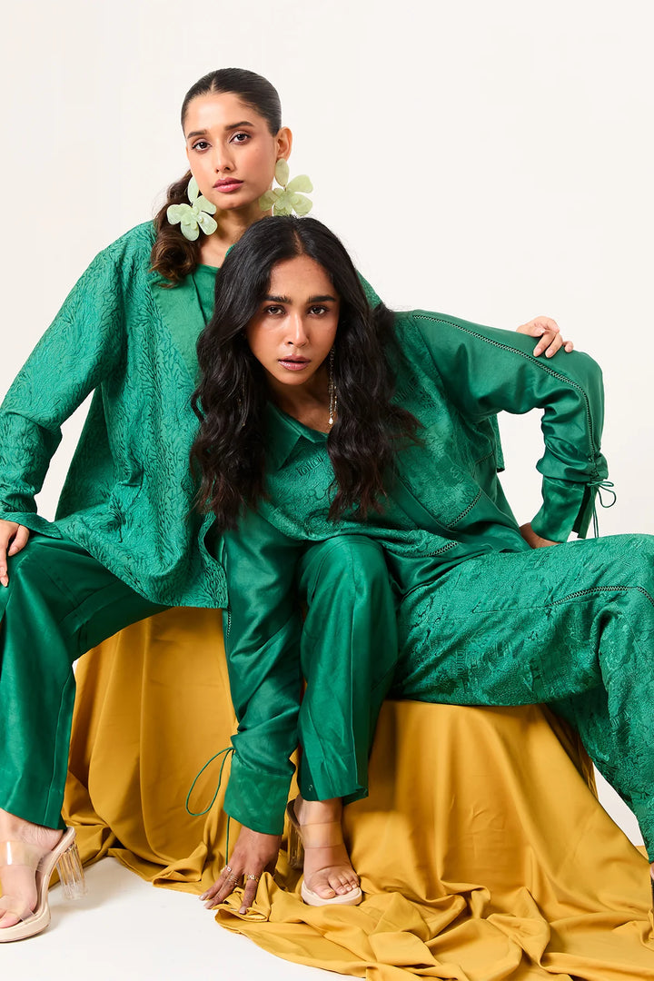 Emerald lace detailing shirt set
