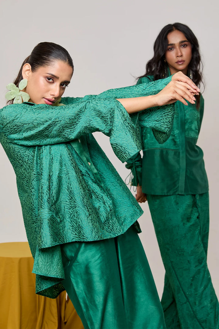 Emerald lace detailing shirt set