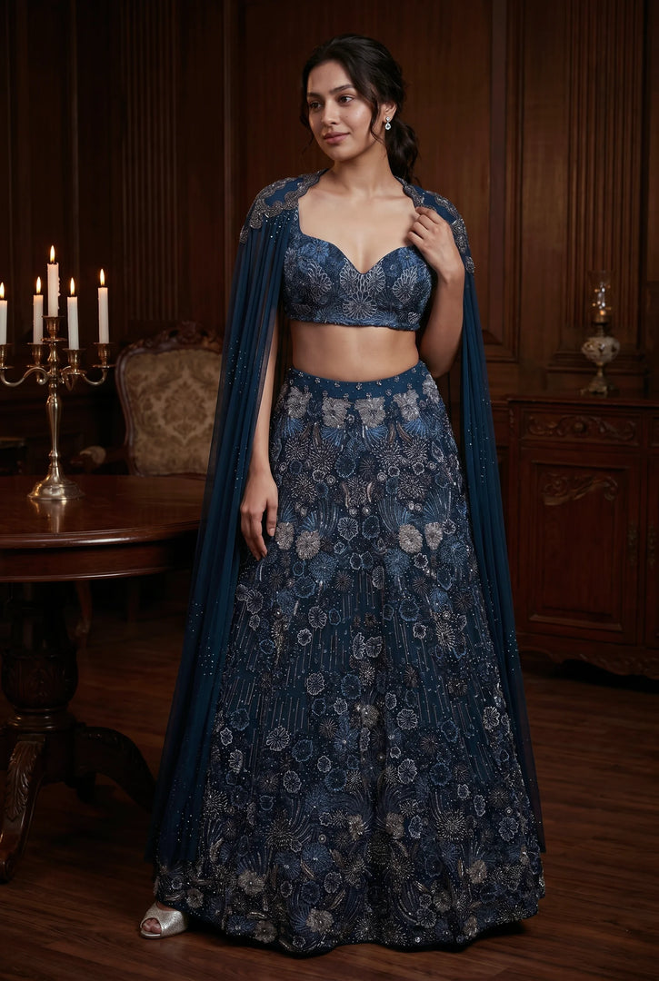 Navy Blue Organza Cape Lehenga Set