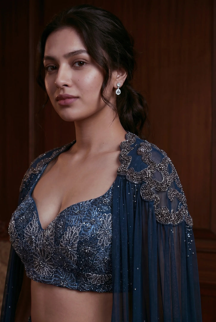 Navy Blue Organza Cape Lehenga Set