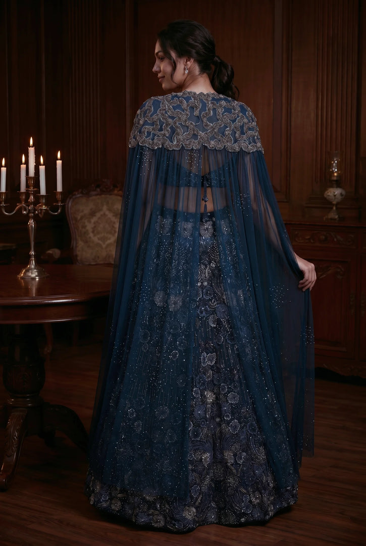 Navy Blue Organza Cape Lehenga Set
