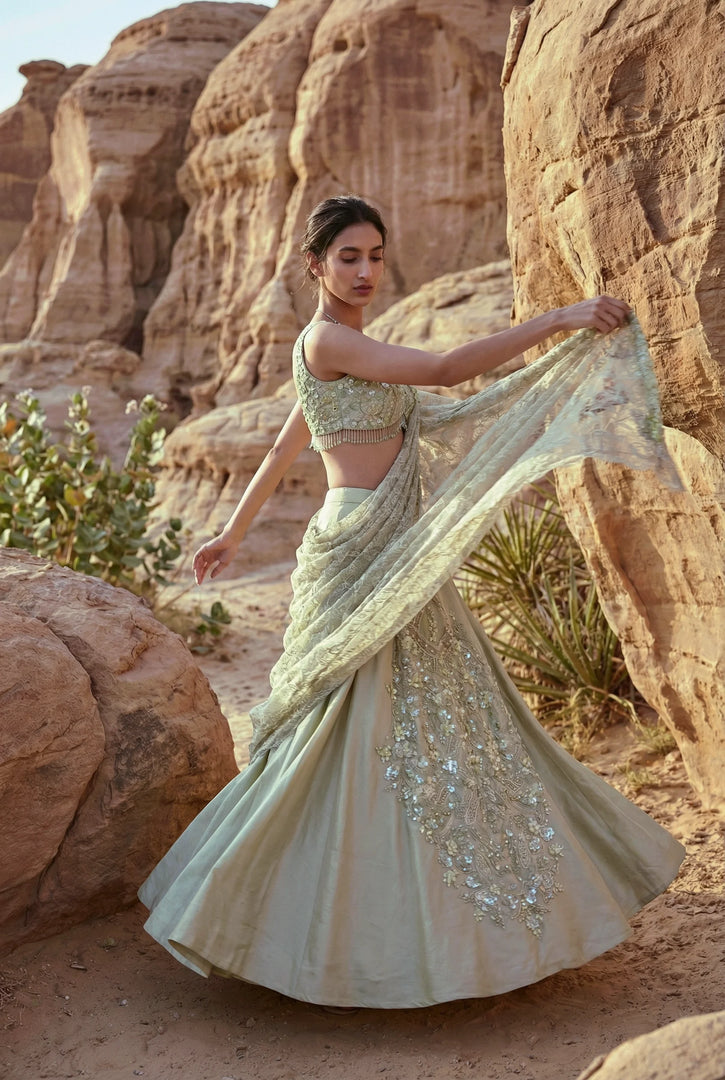 Draped blouse with flared skirt set
