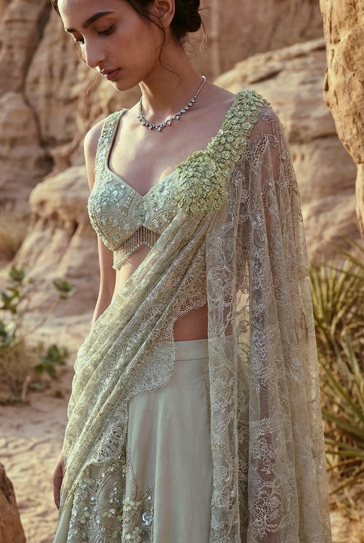 Draped blouse with flared skirt set