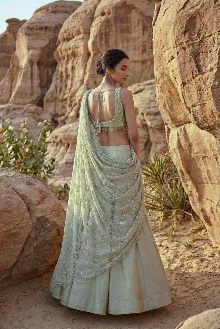 Draped blouse with flared skirt set