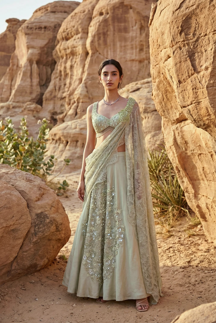 Draped blouse with flared skirt set