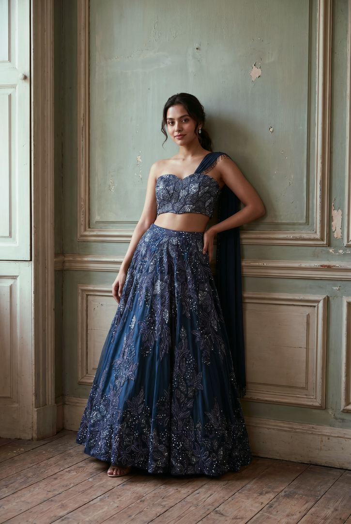 Navy Blue Organza Draped Lehenga Set
