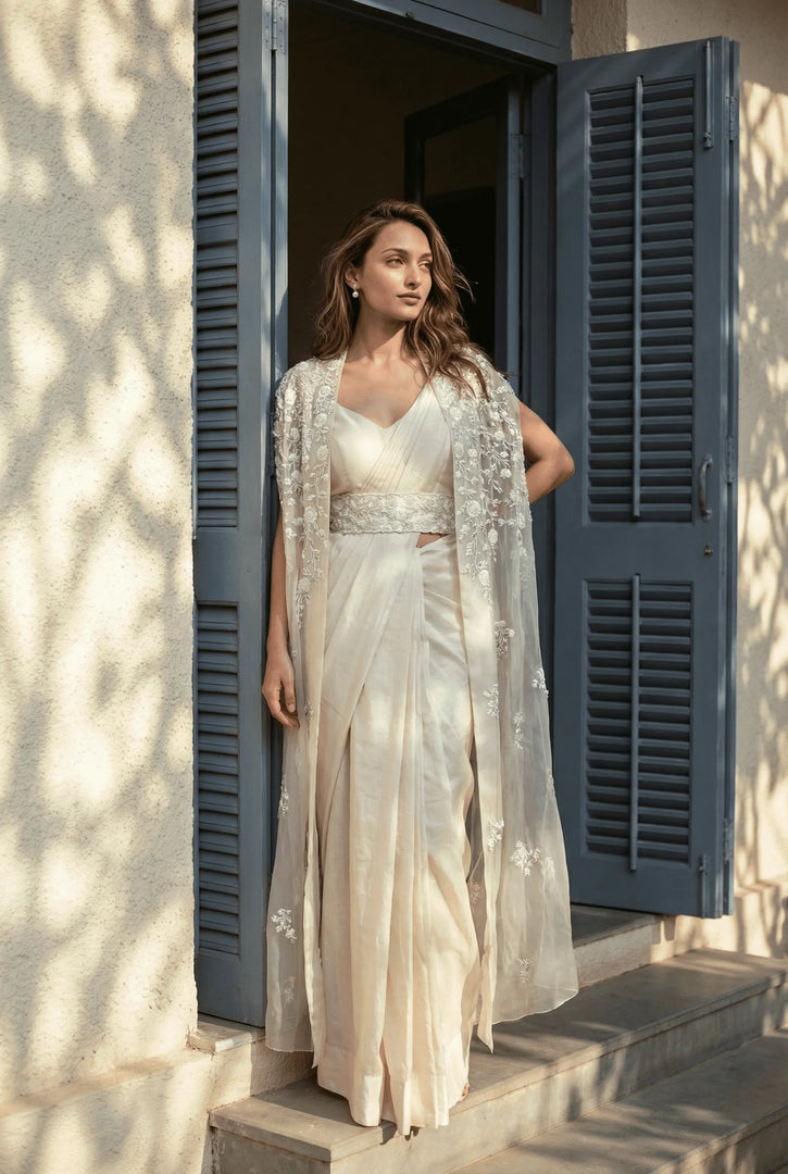 Ivory draped saree cape set