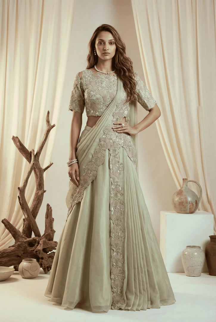 Mint Green Draped Lehenga Set