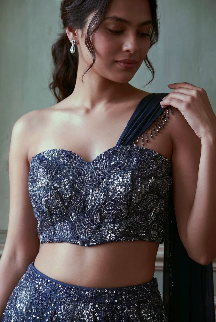 Navy Blue Organza Draped Lehenga Set