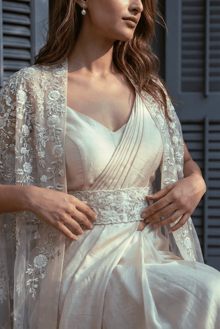 Ivory draped saree cape set