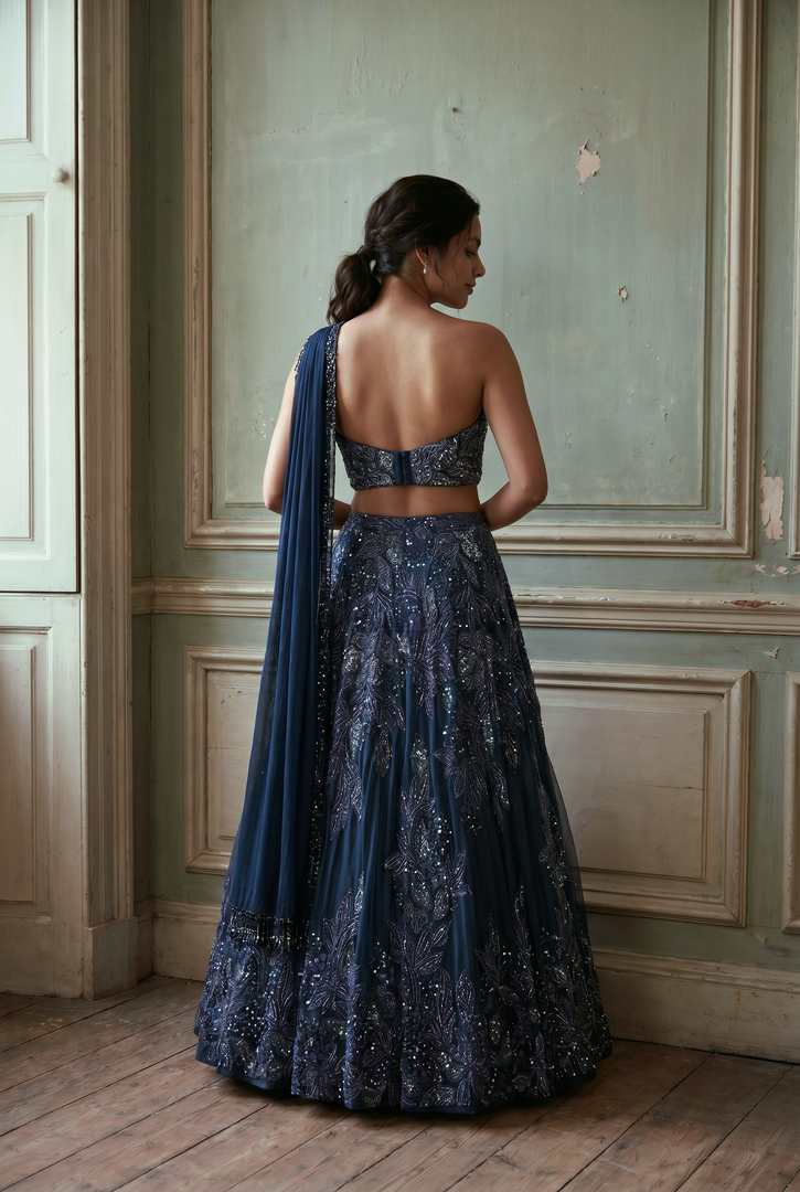 Navy Blue Organza Draped Lehenga Set