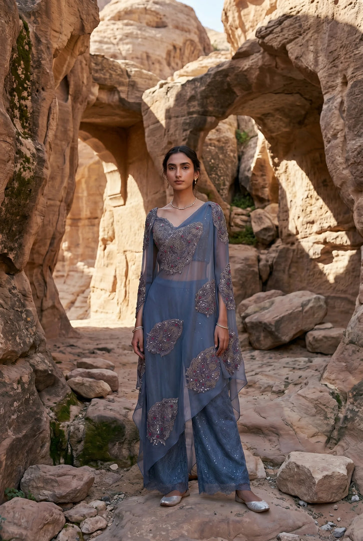 Draped blouse with laced flared pants