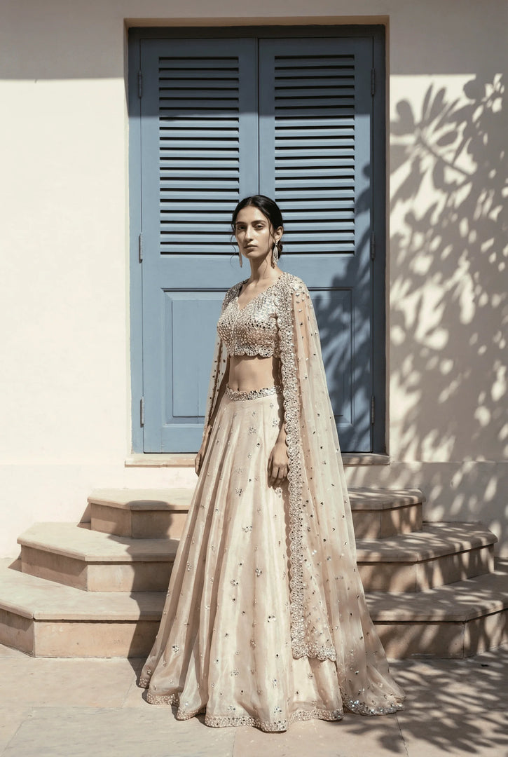 Mirror embroidered cape lehenga set
