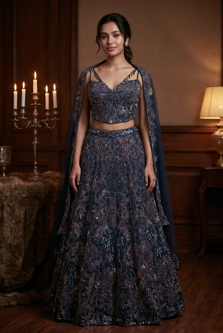 Navy Blue Organza Lehenga Set