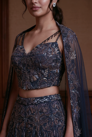 Navy Blue Organza Lehenga Set