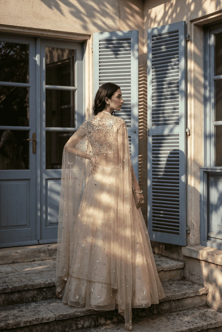 Mirror embroidered cape lehenga set