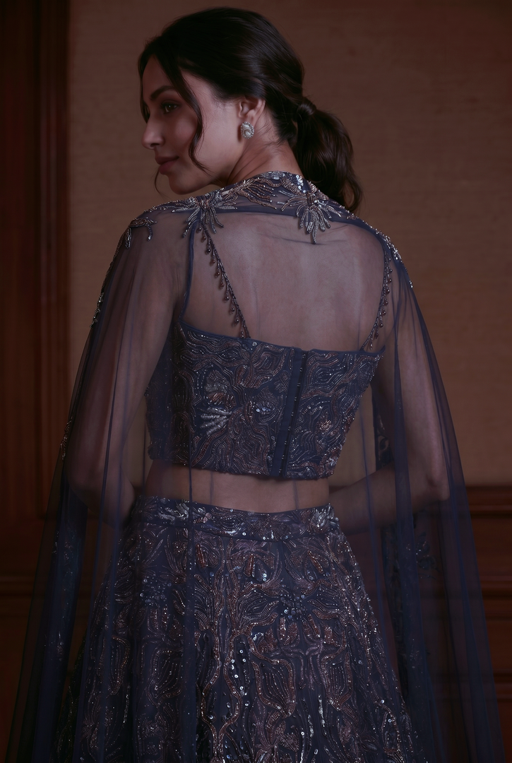 Navy Blue Organza Lehenga Set