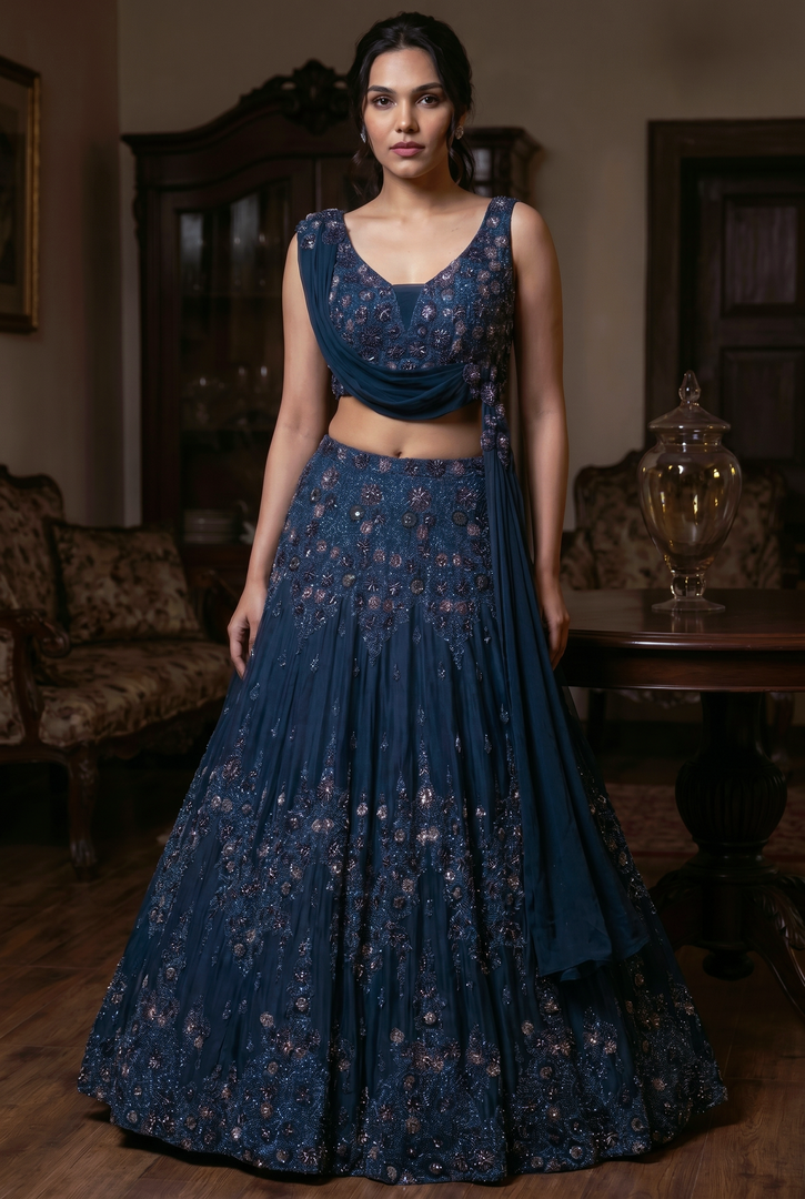 Navy Blue Organza Taffeta Draped Lehenga Set