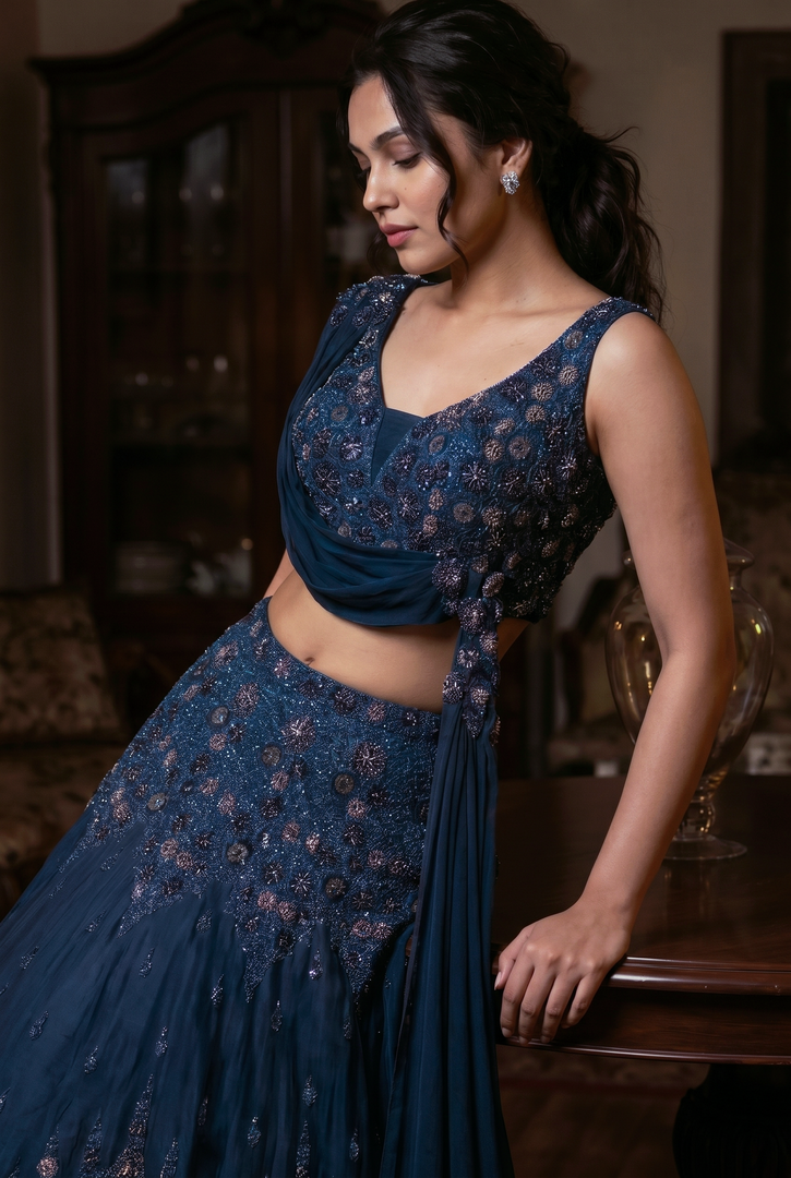 Navy Blue Organza Taffeta Draped Lehenga Set