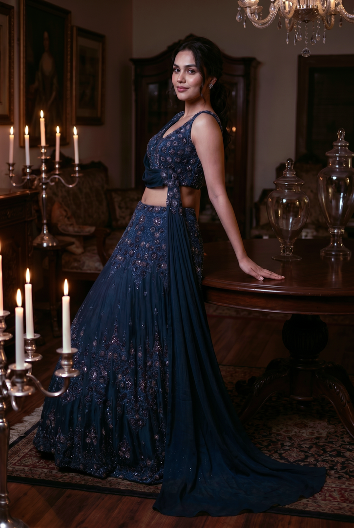 Navy Blue Organza Taffeta Draped Lehenga Set