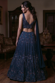 Navy Blue Organza Taffeta Draped Lehenga Set