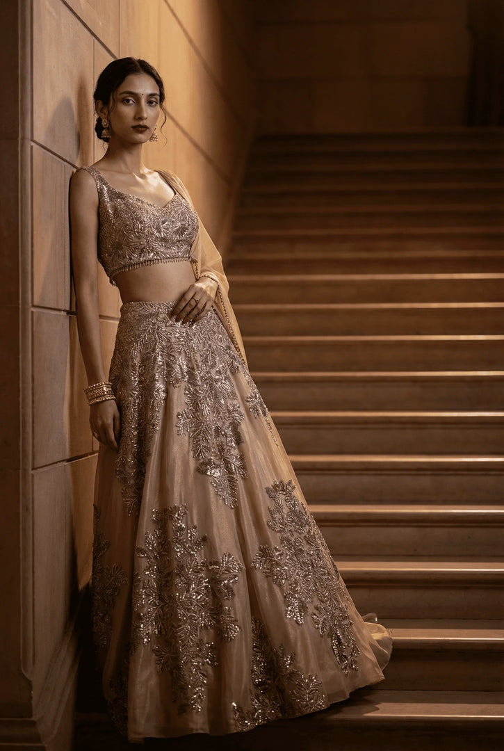 Champagne lehenga draped set