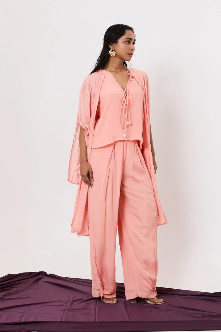 Crop top, overlap pants and cape set