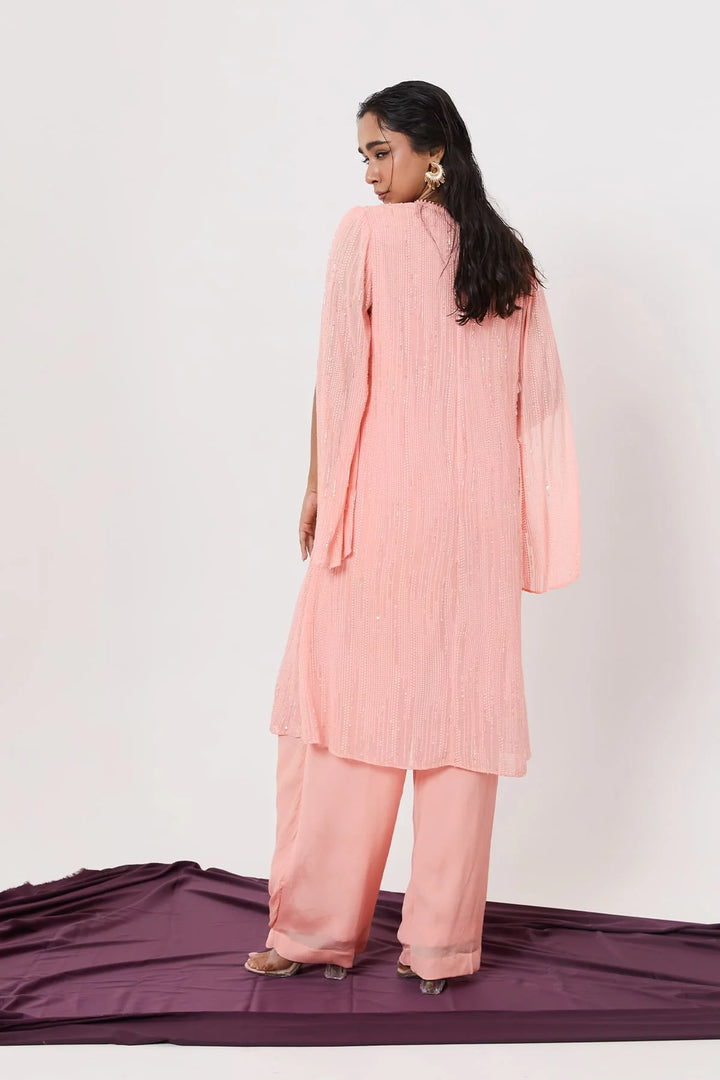 Crop top, overlap pants and cape set
