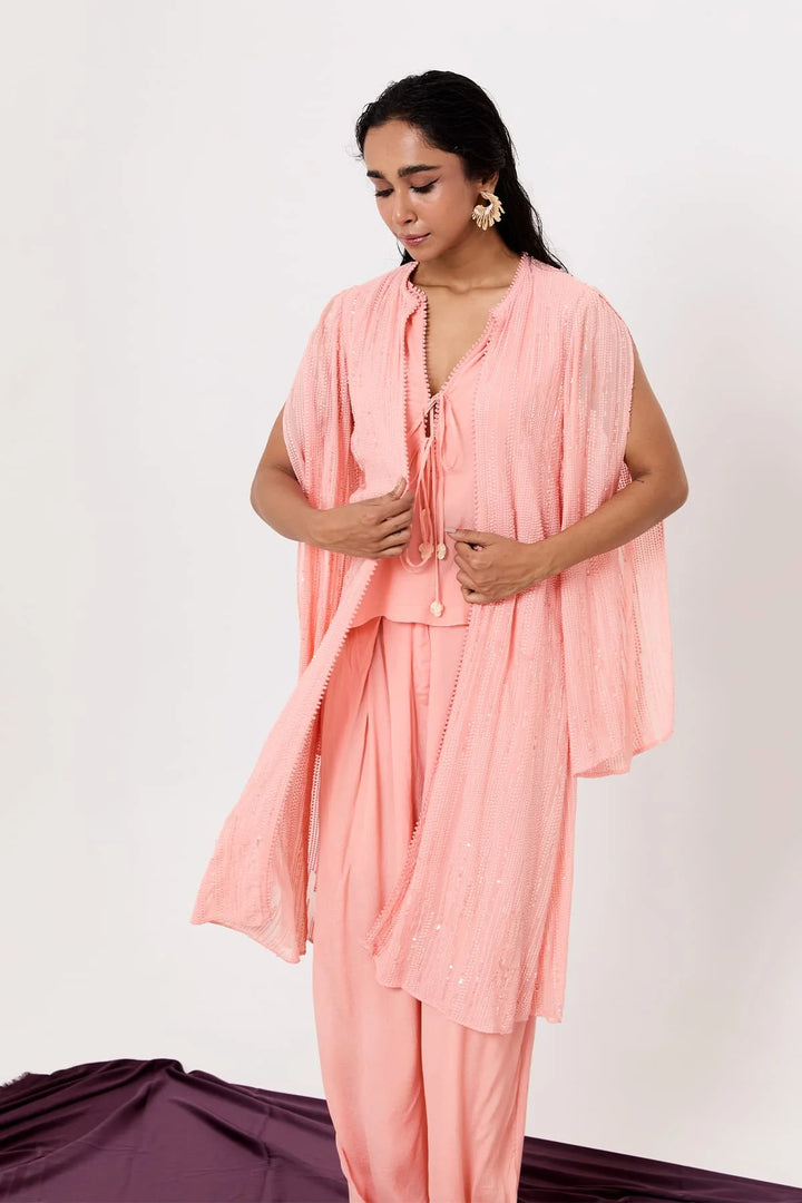 Crop top, overlap pants and cape set