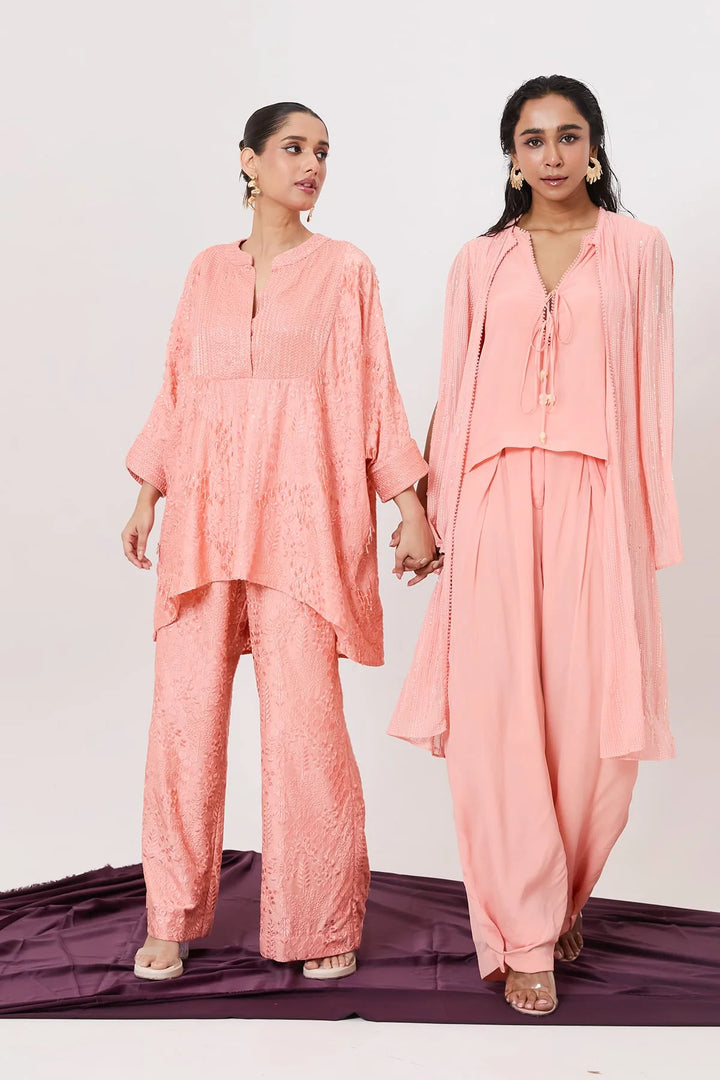 Crop top, overlap pants and cape set