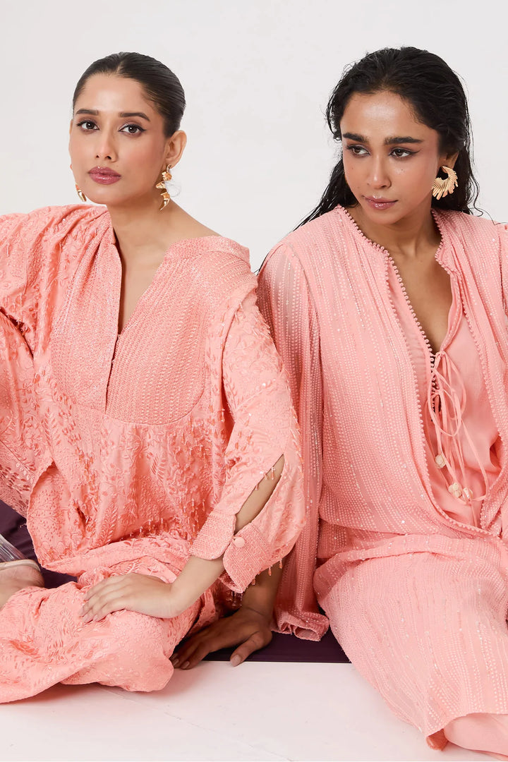 Crop top, overlap pants and cape set