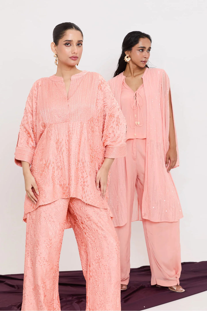 Crop top, overlap pants and cape set