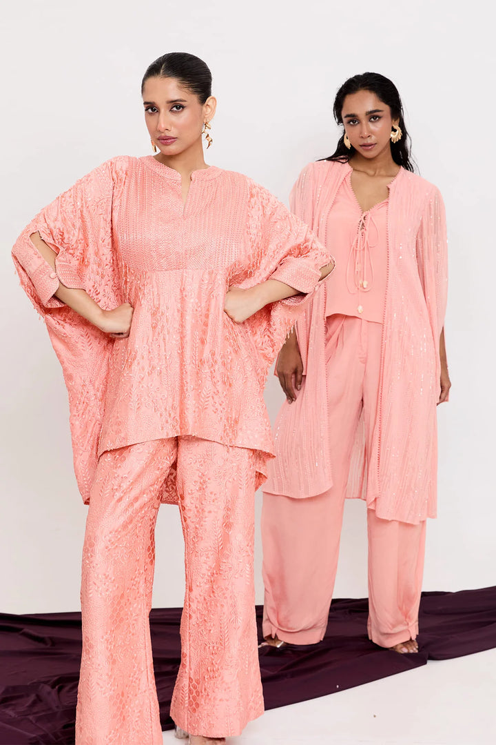 Crop top, overlap pants and cape set